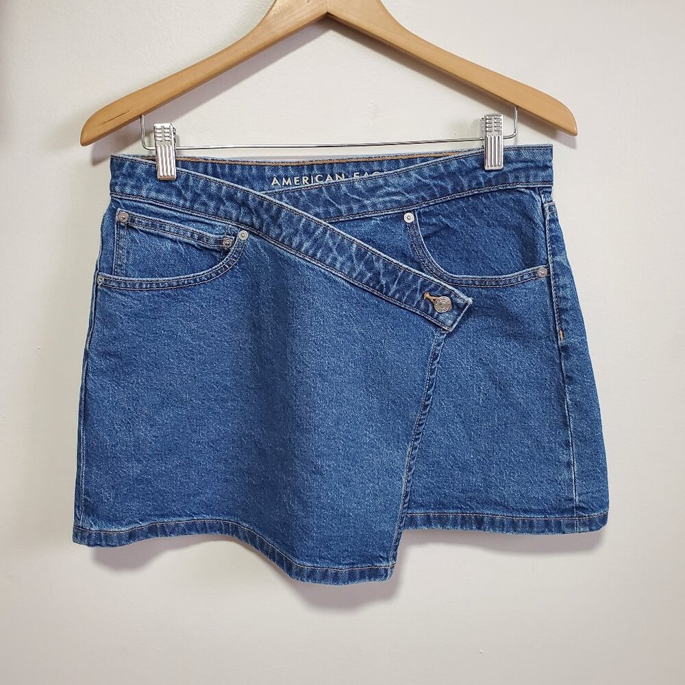 AMERICAN EAGLE AE Stretch Crossover Mid-Rise Mini Skirt Denim Jean Blue Womens 6 - Picture 2 of 13